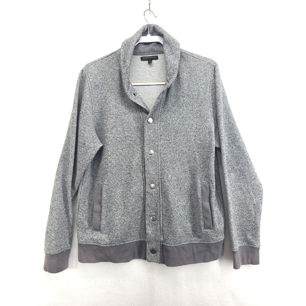 Banana Republic Mens Grey Snap Sweater M Bomber Cardigan Jacket Baseball